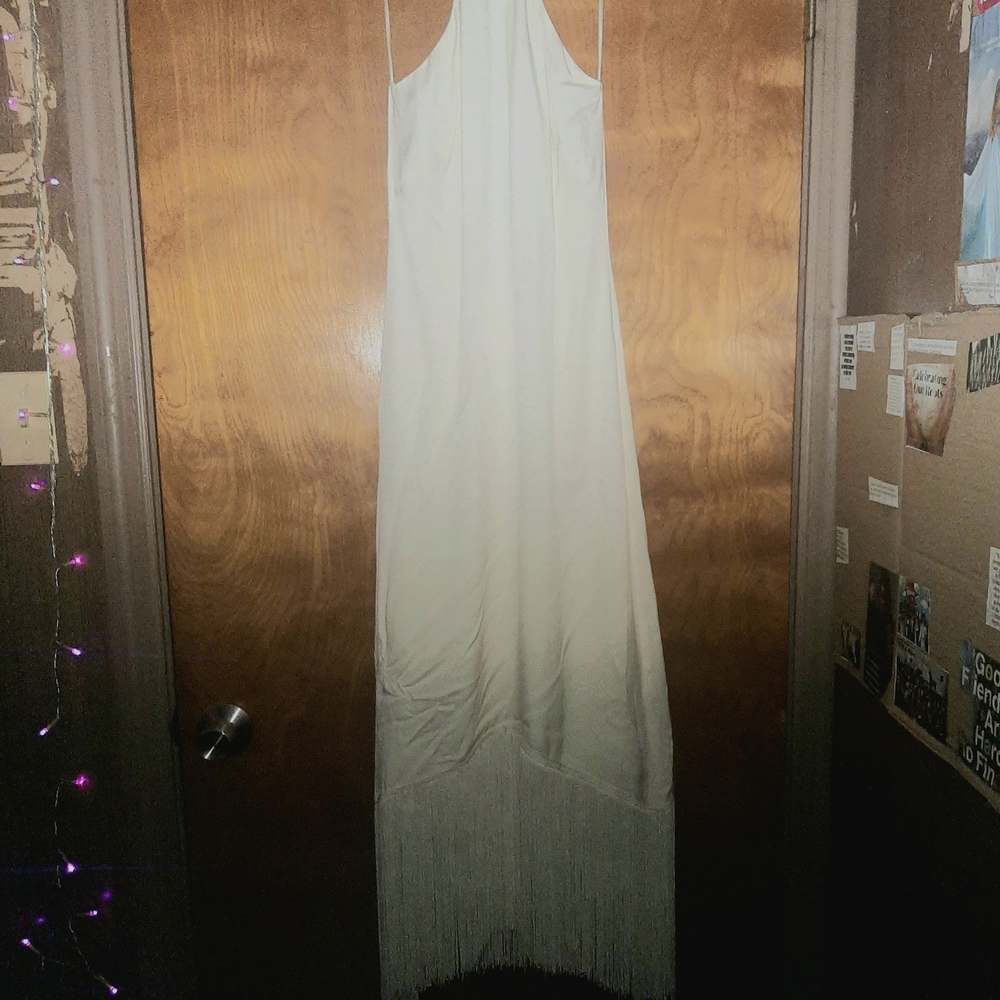 Mango Ivory Fringe-Hem Maxi Dress Size 6